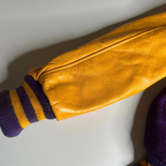 Vintage 80s Hunts Athletic Goods Varsity Letterman Jacket Purple Gold Wool Leath - Picture 6 of 12
